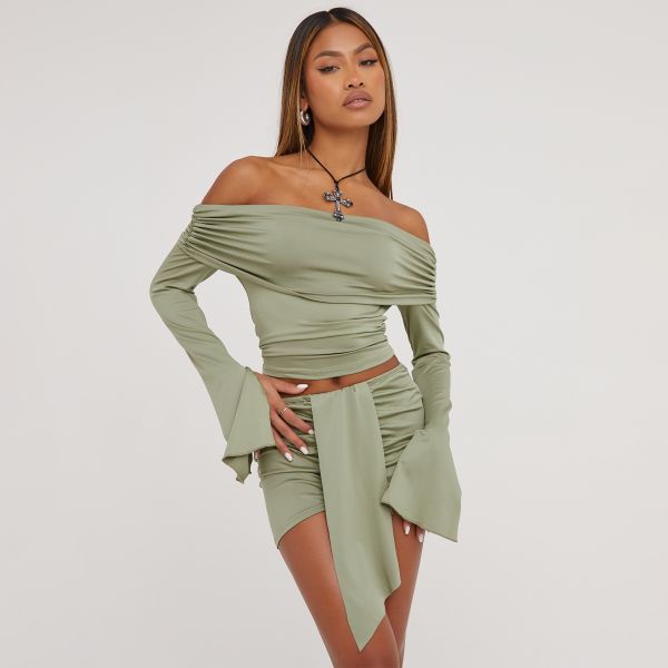 Bardot Flared Sleeve Fold Over Detail Crop Top And Drape Detail Mini Skirt Co-Ord Set In Olive, Women’s Size UK Medium M