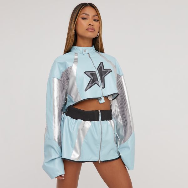 Multifunctional Motocross Contrast Detail Jacket And Mini Skirt Co-Ord Set In Blue Faux Leather, Women’s Size UK 8