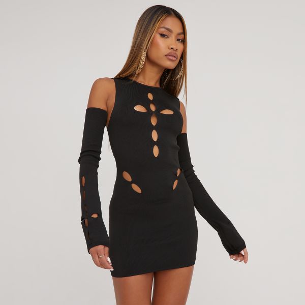Sleeveless Crucifix Laser Cut Out Detail Mini Dress With Sleeves In Black Knit, Women’s Size UK Large L