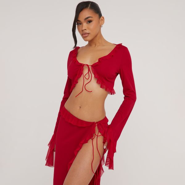 Long Sleeve Frill Detail Tie Front Crop Top And Tie Side Maxi Skirt Co-Ord Set In Red Mesh, Women’s Size UK Small S