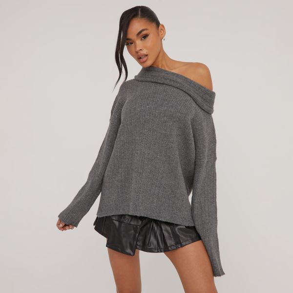 Off The Shoulder Oversized Jumper In Charcoal Knit, Women’s Size UK One Size