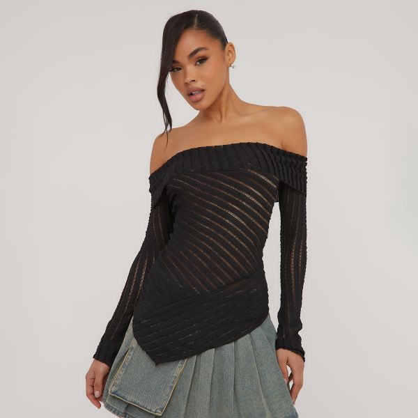 Bardot Fold Over Detail Asymmetric Top In Black Texture Knit, Women’s Size UK Medium M