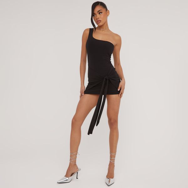 Asymmetric One Shoulder Knotted Drape Detail Mini Bodycon Dress In Black Slinky, Women’s Size UK 10