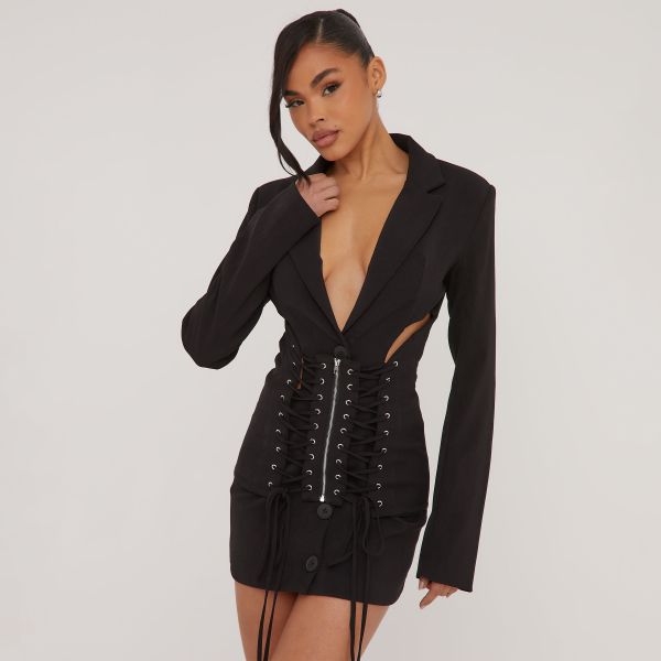 Corset Cut Out Detail Lace Up Blazer Dress In Black Woven, Women’s Size UK 6