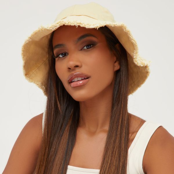 Frayed Edge Detail Bucket Hat In Beige, Women’s Size UK One Size