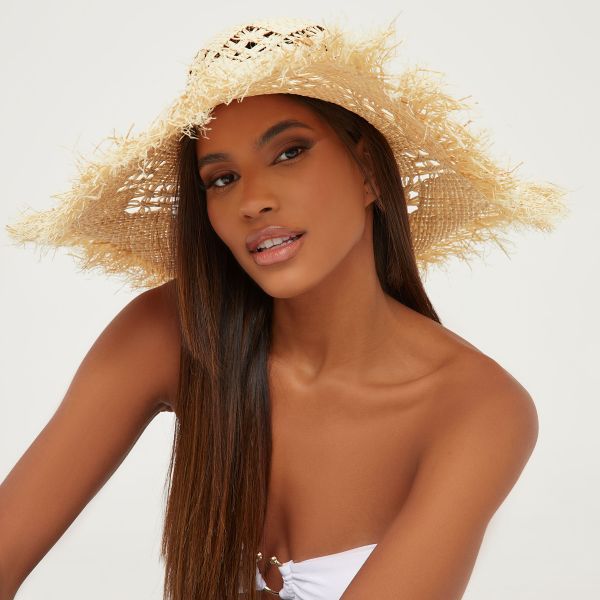 Oversized Frayed Edge Cut Out Tie Detail Straw Hat In Cream, Women’s Size UK One Size