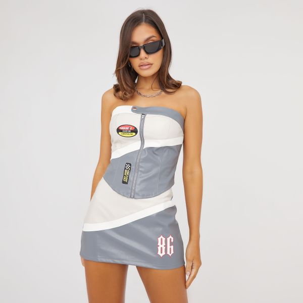 Bandeau Zip Detail Motocross Crop Top And Mini Bodycon Skirt Co-Ord Set In Multi Grey Faux Leather, Women’s Size UK Small S