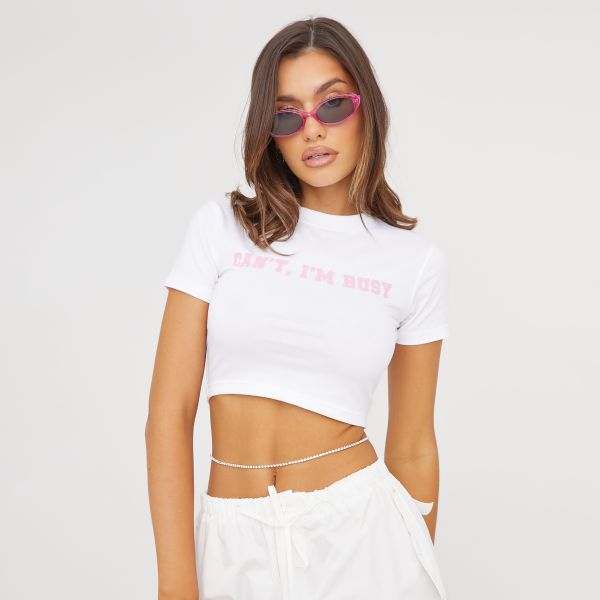 Short Sleeve ’Can’T I’M Busy’ Slogan Print Cropped Tee In White, Women’s Size UK 6