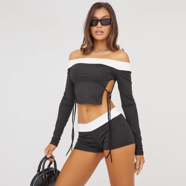 Bardot Tie Side Detail Crop Top And Booty Shorts Contrast Co-Ord Set In Black, Women’s Size UK Large L