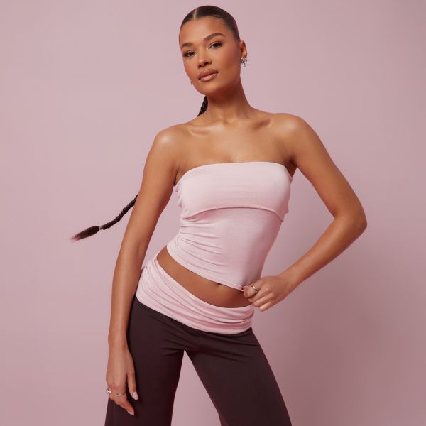 Fold Over Bandeau Top In Dusky Pink, Women’s Size UK 8