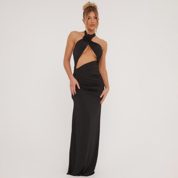 High Neck Rose Detail Cut Out Maxi Dress In Black Slinky, Women’s Size UK Medium M