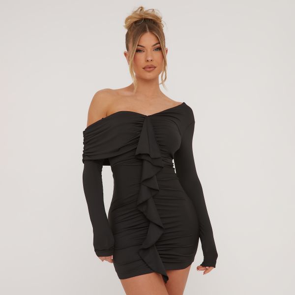 Off The Shoulder Frill Detail Mini Bodycon Dress In Black Slinky, Women’s Size UK 6