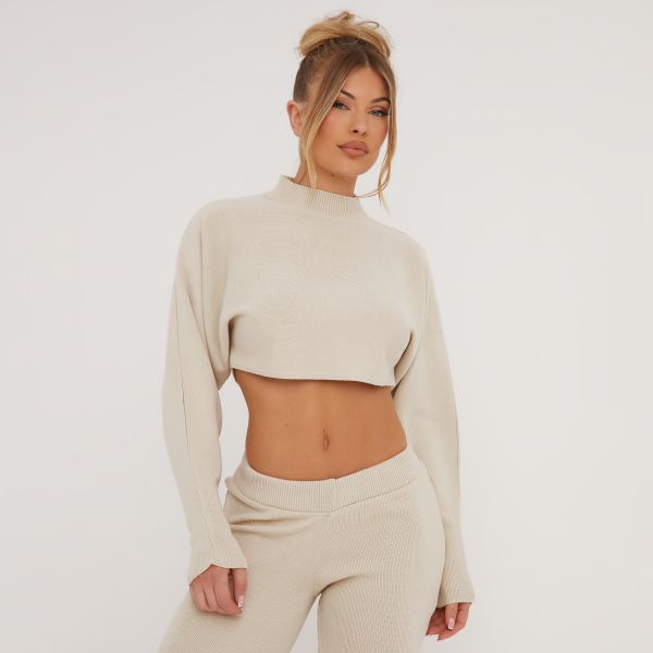 Long Sleeve High Neck Cropped Jumper In Stone Knit, Women’s Size UK Small S