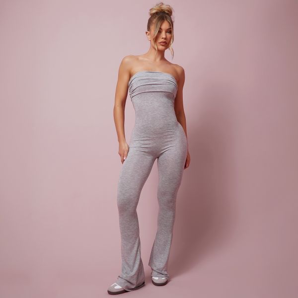 Fold Over Bandeau Flared Jumpsuit In Grey, Women’s Size UK 10