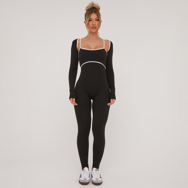 Strappy Contrast Binding Detail Jumpsuit With Bolero Sleeves In Black Slinky, Women’s Size UK 14