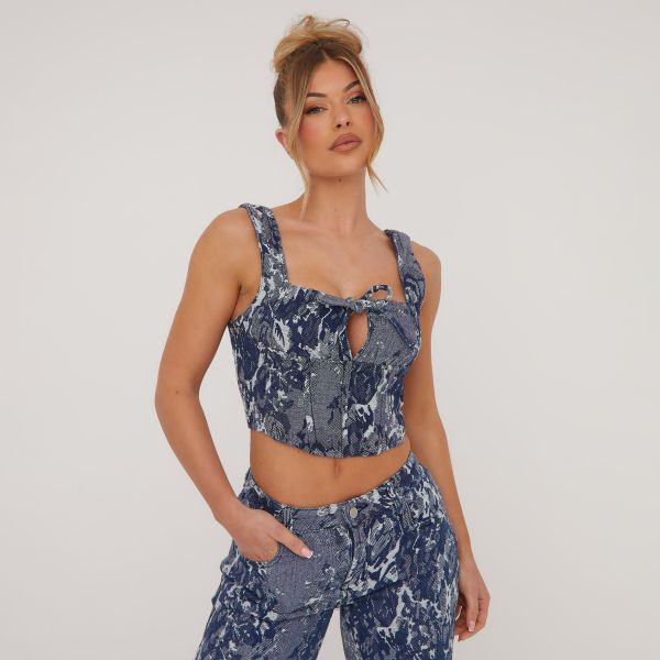 Square Neck Tie Front Cropped Corset Top In Blue Jacquard Floral Print Denim, Women’s Size UK 14