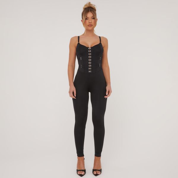 Strappy Hook And Eye Front Corset Waist Detail Jumpsuit In Black Slinky, Women’s Size UK 14