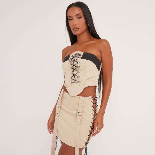 Contrast Bandeau Lace Up Front Detail Dipped Hem Corset Top In Stone Woven, Women’s Size UK 6