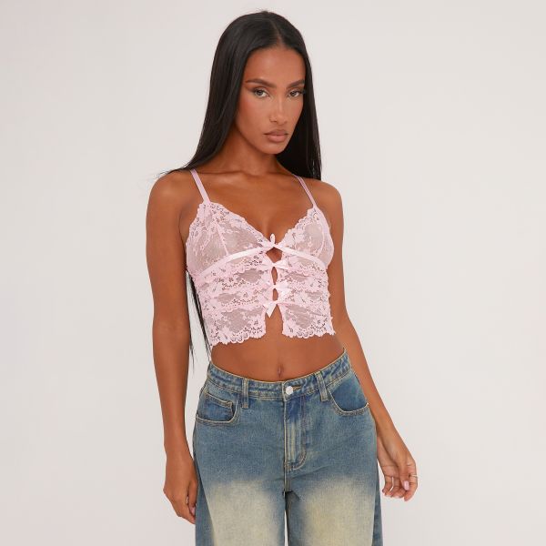 Plunge Bow Detail Strappy Crop Top In Pink Lace, Women’s Size UK 12
