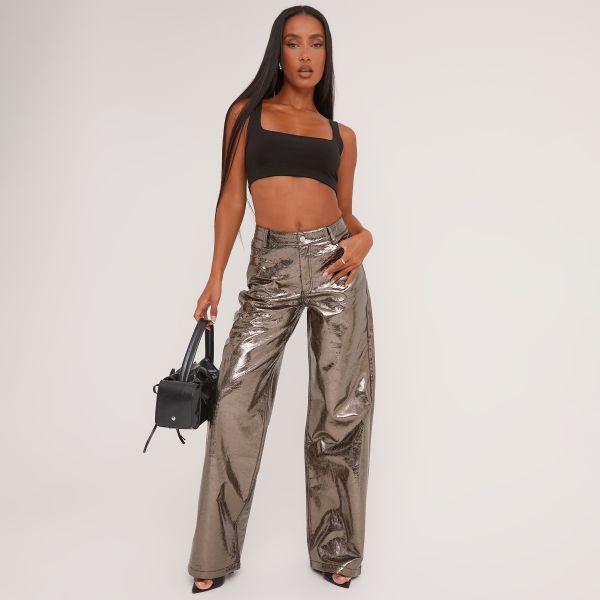 Mid Rise Wide Leg Trousers In Grey Cracked Metallic Faux Leather, Women’s Size UK 8