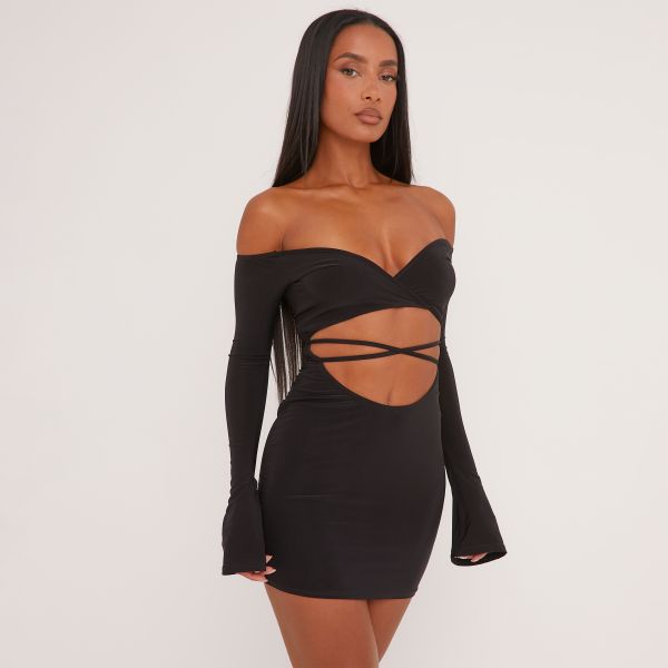 Bardot Strappy Cut Out Front Detail Min Bodycon Dress In Black Slinky, Women’s Size UK 12
