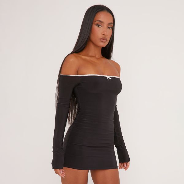 Bardot Contrast Lace Trim Bow Detail Mini Bodycon Dress In Black Slinky, Women’s Size UK 14