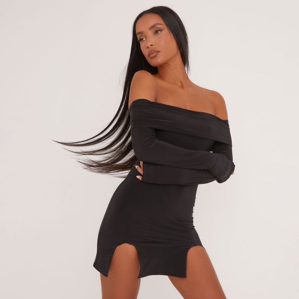 Bardot Split Leg Detail Mini Dress In Black Slinky, Women’s Size UK 6
