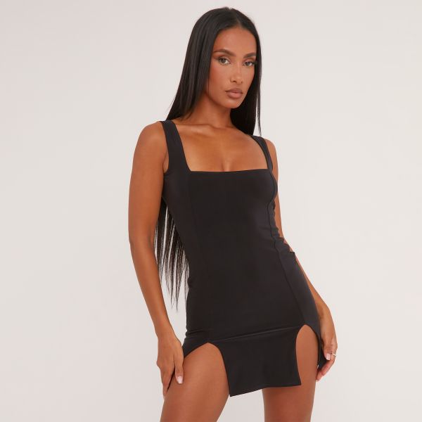 Square Neck Open Back Split Leg Detail Mini Dress In Black Slinky, Women’s Size UK 6