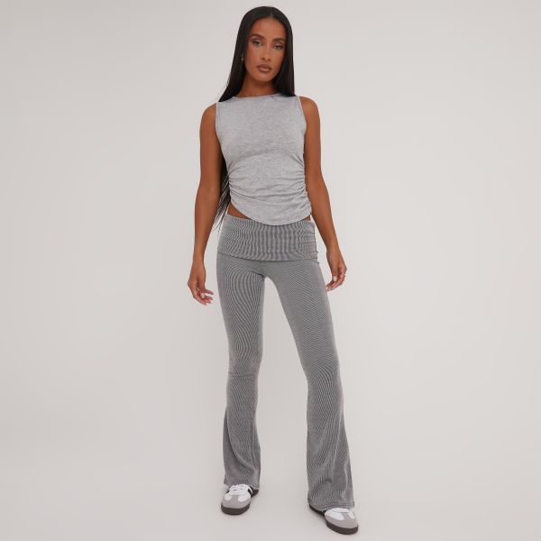 Fold Over Waist Flared Trousers In Grey Contrast Rib, Women’s Size UK 14