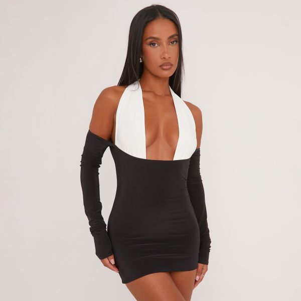 Contrast Plunge Halterneck Cold Shoulder Mini Bodycon Dress In Black Slinky, Women’s Size UK 6