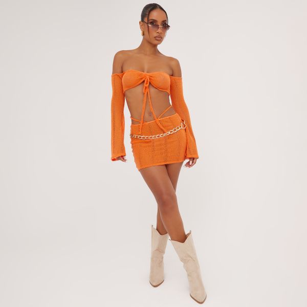 Thong Detail Mini Bodycon Skirt In Orange Knit, Women’s Size UK 10