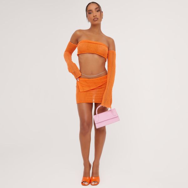 Fold Over Waist Detail Mini Bodycon Skirt In Orange Knit, Women’s Size UK 8