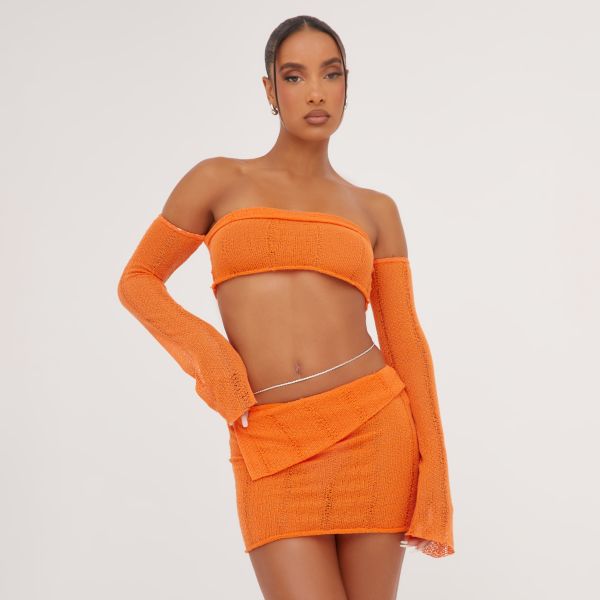 Bardot Flared Long Sleeves Crop Top In Orange Knit, Women’s Size UK 8