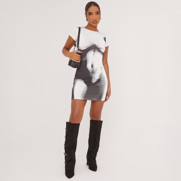 Short Sleeve Body Print Detail Mini Bodycon Dress In White And Black, Women’s Size UK 6