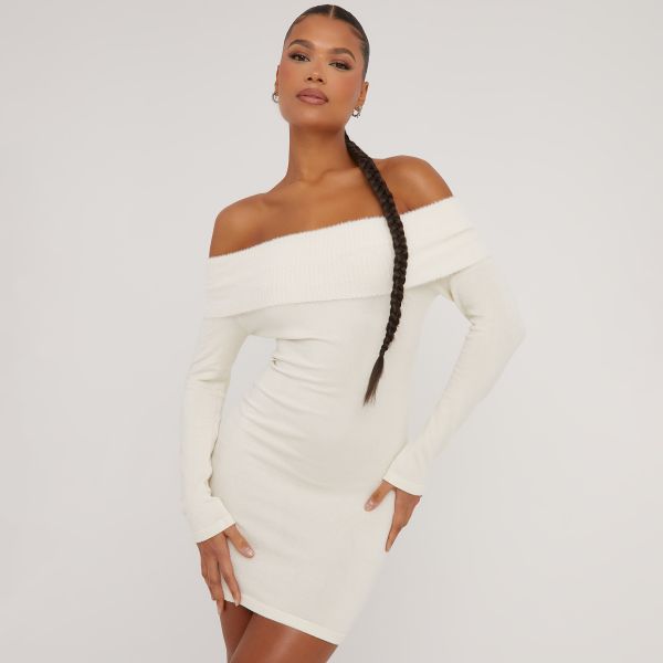 Fold Over Bardot Mini Bodycon Dress In Cream Fluffy Knit, Women’s Size UK Small S