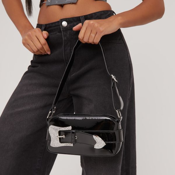 Shadow Oversized Diamante Buckle Detail Rectangle Shaped Shoulder Bag In Black Patent, Women’s Size UK One Size