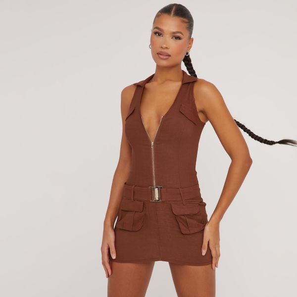 Plunge Zip Front Detail Mini Cargo Dress In Brown, Women’s Size UK 6
