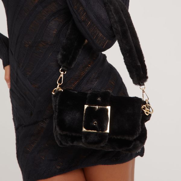 Calix Buckle Detail Shaped Shoulder Bag In Black Faux Fur, Women’s Size UK One Size