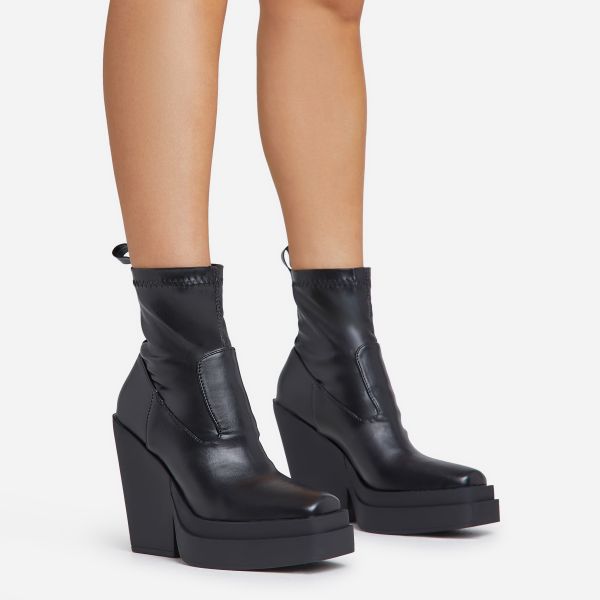 Aki Square Toe Platform Wedge Heel Ankle Sock Boot In Black Faux Leather, Women’s Size UK 6