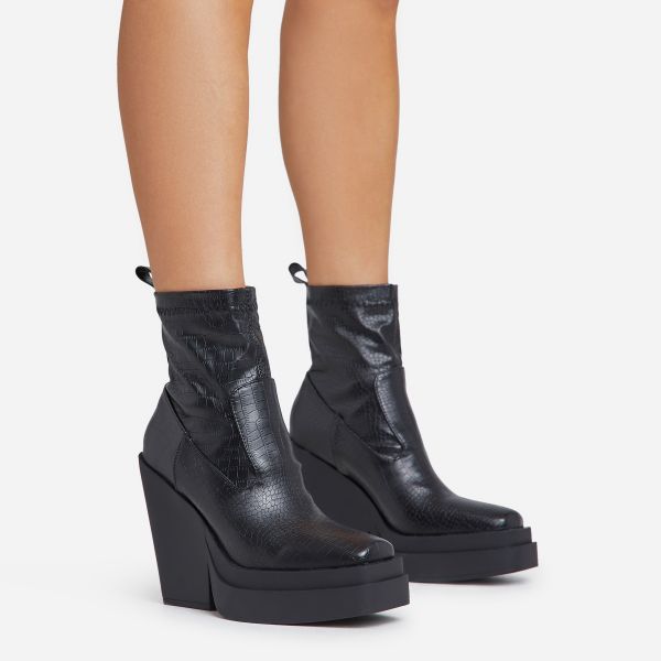 Aki Square Toe Platform Wedge Heel Ankle Sock Boot In Black Croc Print Faux Leather, Women’s Size UK 7