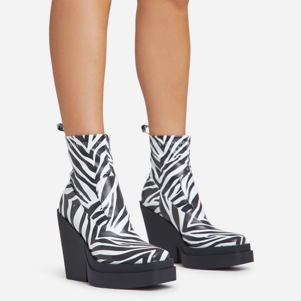 Aki Square Toe Platform Wedge Heel Ankle Sock Boot In Zebra Print Faux Leather, Women’s Size UK 3