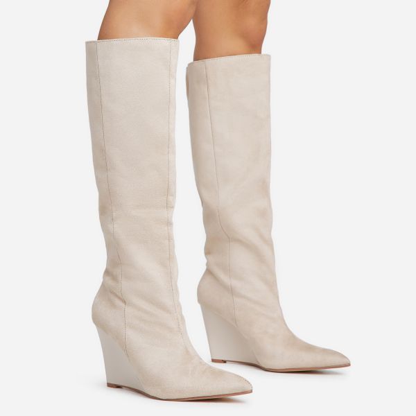 Bronwyn Pointed Toe Wedge Heel Knee High Long Boot In Cream Faux Suede, Women’s Size UK 7