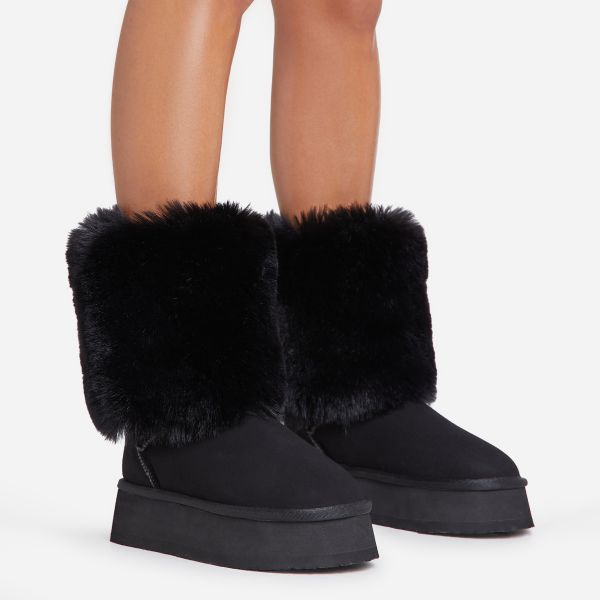 Puff-Daddy Faux Fur Trim Detail Ankle Boot In Black Faux Suede, Women’s Size UK 6