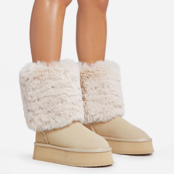 Puff-Daddy Faux Fur Trim Detail Ankle Boot In Sand Faux Suede, Women’s Size UK 7