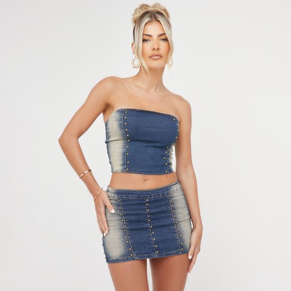 Bandeau Stud Detail Crop Top And Mini Skirt Co-Ord Set In Vintage Washed Blue Denim, Women’s Size UK Small S