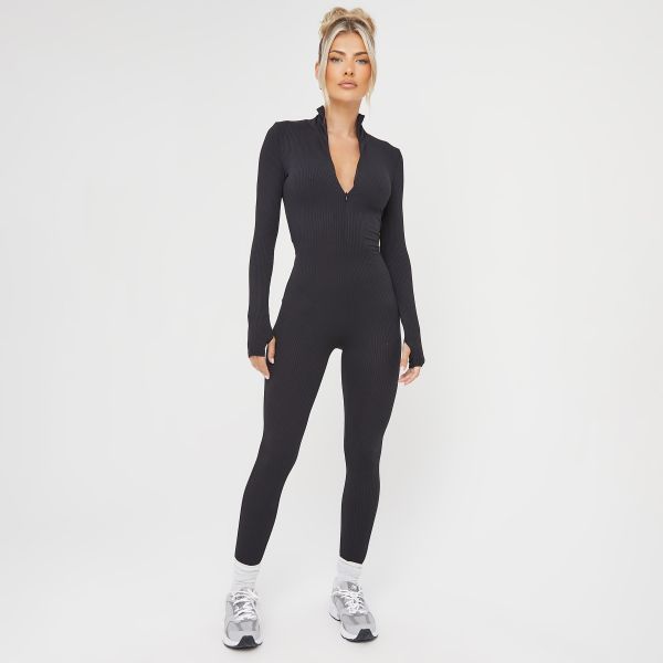 Long Sleeve Zip Up Jumpsuit In Black Ribbed, Women’s Size UK Small S
