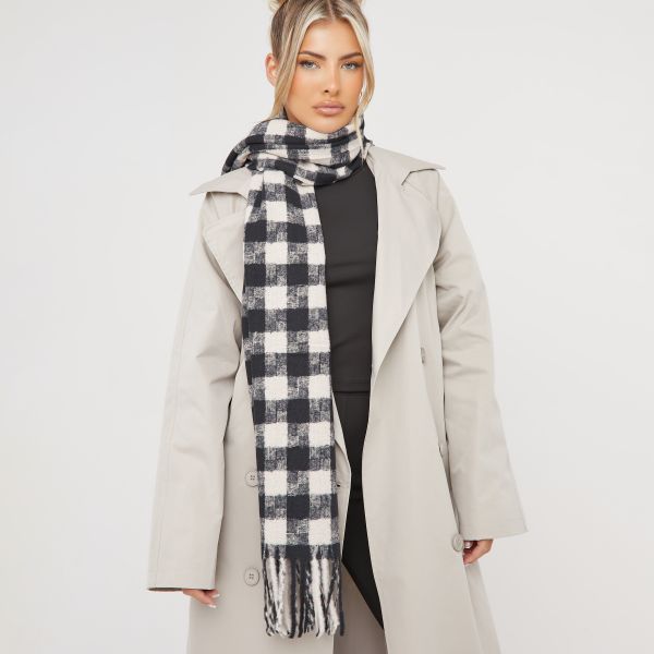 Oversized Scarf In Black And Nude Small Checked Print, Women’s Size UK One Size