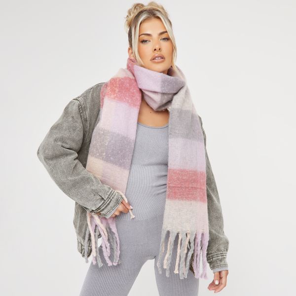 Oversized Scarf In Blush Checked Print, Women’s Size UK One Size