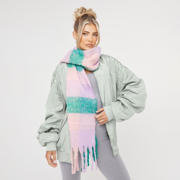 Oversized Scarf In Pink And Green Checked Print, One Size