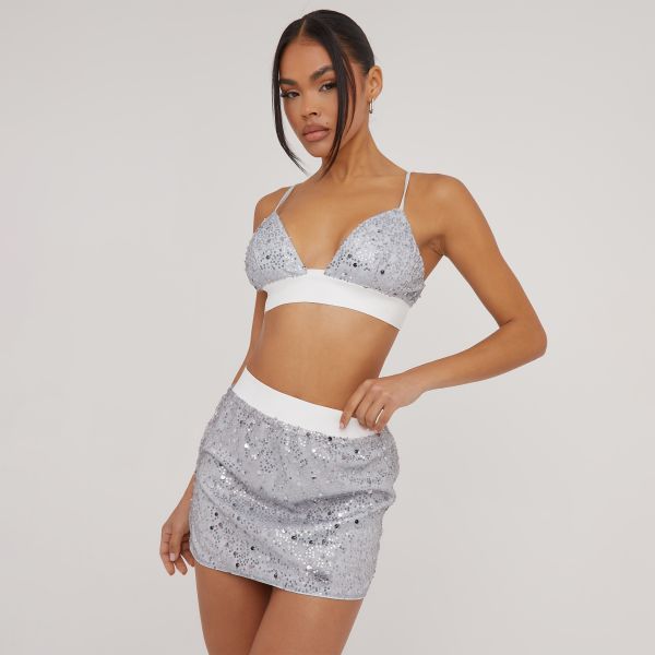 Strappy Plunge Elasticated Bralet In Silver Sequin, Women’s Size UK 8